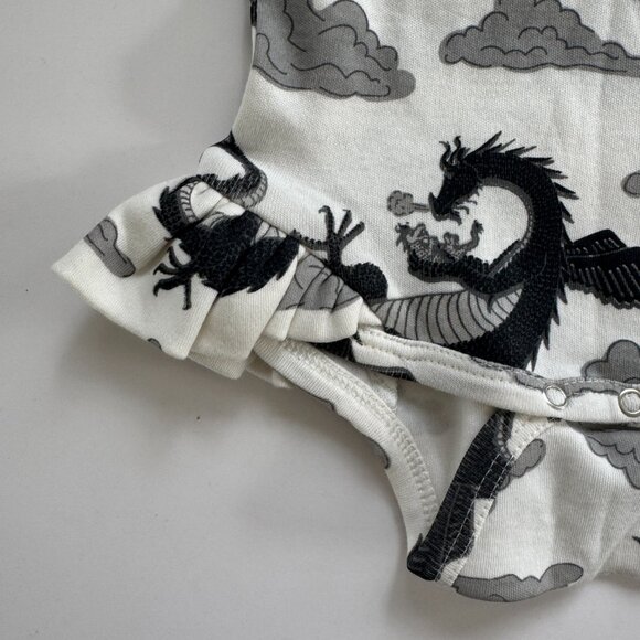 Kate Quinn Ruffle Bodysuit | Long Sleeve Dragon Print | Ivory & Black | 6–12M - Picture 4 of 5